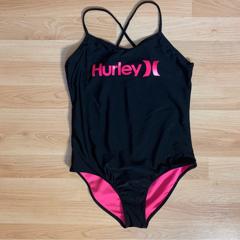 Hurley Kids Black & Bright Pink One-Piece Swimsuit - Size 14